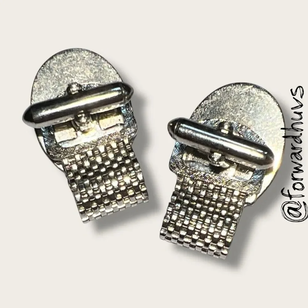 Vintage Silver-Tone Mesh Cufflinks – Faceted Blue Glass Stones